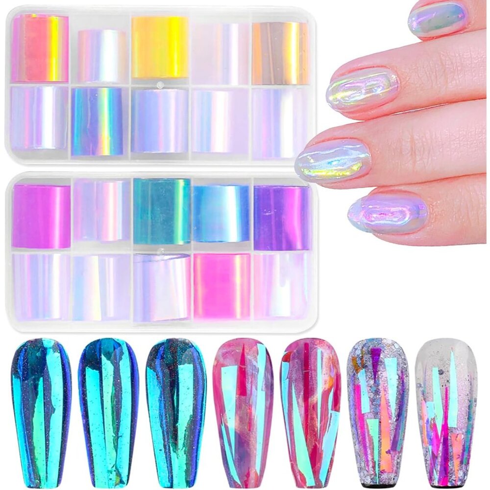 20 Rolls Gradient Aurora Glass Paper Nail Art Sticker 3d Holographic Aurora Glas
